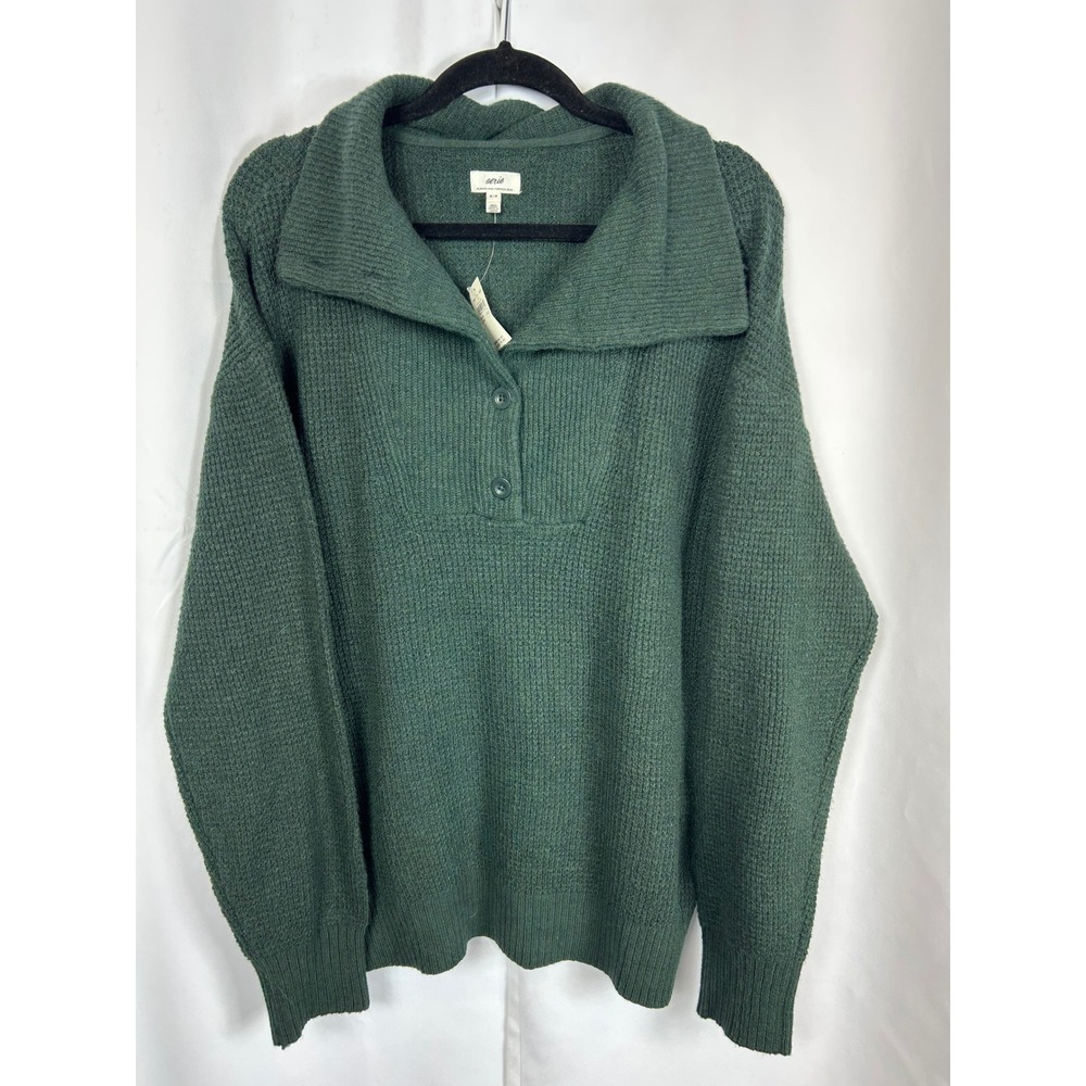 Aerie Forest Green Waffle Knit Henley Pullover Sweater Oversized NWT Medium